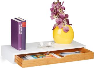 Relaxdays Wandregal mit Schublade, HxBxT: 8 x 60 x 24 cm, Wandschublade skandinavisches Design, MDF, Bambus, weiß/Natur