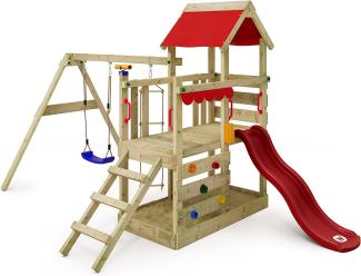 WICKEY Spielturm Klettergerüst 'TurboFlyer' mit Schaukel & roter Rutsche, Kletterturm mit Sandkasten, Leiter & Spiel-Zubehör, ab 3 Jahren