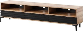 Selsey RIKKE - TV-Lowboard/TV-Tisch mit 3 offenen und 3 geschlossenen Fächern, 160 cm breit (Wotan Eiche Matt/Schwarz Hochglanz mit LED)