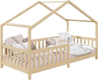 IDIMEX Hausbett LISAN aus massiver Kiefer in Natur, schönes Montessori Bett in 90 x 200 cm, stabiles Kinderbett mit Rausfallschutz und Dach