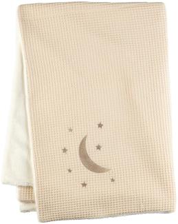 Baby Kuscheldecke aus Flauschstoff und Waffelpique, Schmusedecke mit Stickerei Mond und Sterne, Babydecke ab der Geburt, 75 x 100 cm, ecru