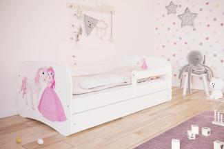 Kinderbett Jugendbett Weiß mit Rausfallschutz Schublade und Lattenrost Kinderbetten für Mädchen und Junge - Prinzessin und Pferd 80 x 160 cm