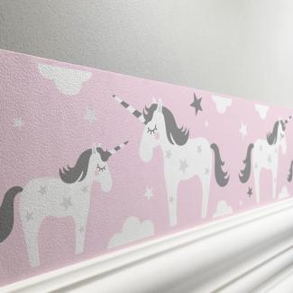 lovely label Bordüre selbstklebend EINHORN ROSA GRAU - Wandbordüre Kinderzimmer Babyzimmer mit Einhörner - Wandtattoo Schlafzimmer Mädchen – Wanddeko Baby Kinder