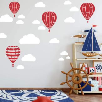 Heißluftballon & Wolken Aufkleber Wandtattoo Himmel | Wandbild 6x DIN A4 Bögen | Sticker Kinder Kinderzimmer Deko Ballons (Rot)