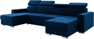 MEBLINI Schlafcouch mit Bettkasten - VOSS - 306x168x79cm - Blau Samt - Ecksofa mit Schlaffunktion - Sofa mit Relaxfunktion und Kopfstützen - Couch U-Form - Eckcouch - Wohnlandschaft