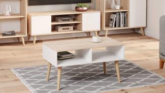 Dmora - Niedriger Couchtisch für Wohnzimmer, Zeitschriftentisch mit 2 Regalen und Füßen, Scandi-Stil, 55x90h55 cm, Farbe Weiß und Eiche