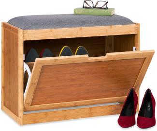 Relaxdays Schuhbank mit großer Sitzfläche, Schuhkipper für Diele u. Flur, 2 verstellbare Fächer, aus Bambus, natur/grau