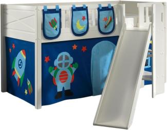 SCOTT Spielbett, LF 90 x 200 cm, mit Rolllattenrost, Rutsche, Leiter und Textilset Vorhang und 3 Taschen "Astro"