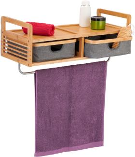 Relaxdays Wandregal mit Handtuchhalter, 2 Boxen, große Ablagefläche, Hängeregal fürs Bad, HBT: 30,5 x 67 x 30 cm, Natur