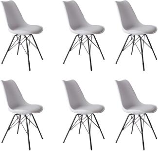 SAM 6er Set Schalenstuhl Lerche, weiß, integriertes Kunstleder-Sitzkissen, Schwarze Metallfüße, Esszimmerstuhl im skandinavischen Stil