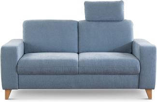 CAVADORE 2er Sofa Lotta / Skandinavische 2-Sitzer-Couch mit Federkern, Kopfstütze und Holzfüßen / 173 x 88 x 88 / Webstoff, Hellblau