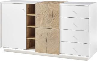Robas Lund Sideboard weiß matt, Wohnzimmerschrank mit Absetzung Eiche Hirnholzoptik, BxHxT 152x83x40 cm