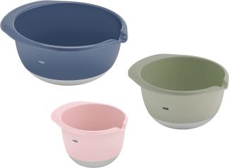 Emsa Prep&Bake 3-teiliges Rührschüssel-Set aus Kunststoff | 1,4 + 2,8 + 4,7 Liter | Rutschfester Boden | Stapelbar | Rosa, Grün, Blau
