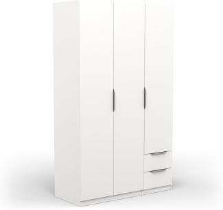 Demeyere Moderner Kleiderschrank mit 3 Türen, 2 Schubladen, 4 Fächern, Mattes Weiß, 119,4 x 51,1 x 203 cm, Holzwerkstoff, grau