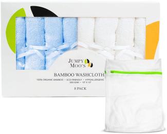 JM Bambus Baby Waschlappen, 8 Stück - Waschlappen Kinder Set, 25x25cm - Weiche Baby Gesichtstücher Für Sensible Haut - Baby Waschlappen mit ein Wäschesack (Blau & Weiß)