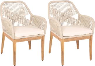 2er-Set Gartenstuhl HWC-H56b, Sessel Outdoor Stuhl, wetterfest Seilgeflecht Rope Holz Akazie ~ beige Kissen creme-weiß