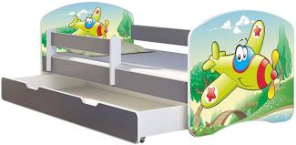 ACMA Kinderbett Jugendbett mit Einer Schublade und Matratze Grau mit Rausfallschutz Lattenrost II (29 Flugzeug, 140x70 + Bettkasten)