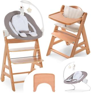 Hauck Alpha Plus Move Newborn Set Deluxe - Baby Holz Hochstuhl ab Geburt mit Liegefunktion - inkl. Aufsatz für Neugeborene, Sitzpolster, Tisch - mitwachsend, verstellbar - Natur Sand
