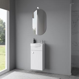 Planetmöbel Waschtischunterschrank 40cm mit Waschbecken in Weiß, Badmöbel Set mit Spiegel und Leuchte