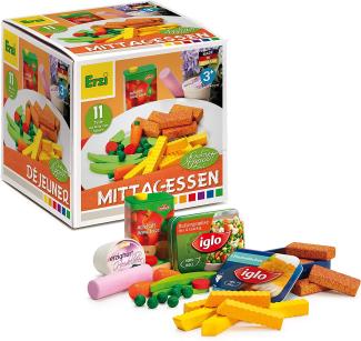 Erzi Mittagessen Sortierbox ideal zum Kochen in der Spielküche von Fischstäbchen mit Pommes und Gemüse mit hochwertigen Spielzeuglebensmittel aus Holz