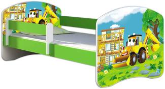 ACMA Kinderbett Jugendbett mit Einer Schublade und Matratze Grün mit Rausfallschutz Lattenrost II 140x70 160x80 180x80 (20 Bagger, 160x80)