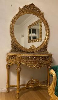 Casa Padrino Barock Spiegelkonsole mit Marmorplatte Gold / Grau - Prunkvolle Barock Konsole mit Spiegel - Garderoben Möbel Barockstil - Barock Möbel - Antik Stil Möbel - Edel & Prunkvoll