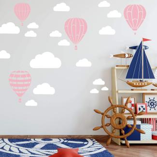 Heißluftballon & Wolken Aufkleber Wandtattoo Himmel | Wandbild 6x DIN A4 Bögen | Sticker Kinder Kinderzimmer Deko Ballons (Rosa)