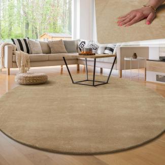 Paco Home Waschbarer Teppich Wohnzimmer Schlafzimmer Kurzflor rutschfest Flauschig Weich Moderne Einfarbige Muster, Grösse:120 cm Rund, Farbe:Beige 2