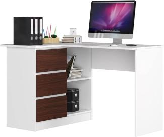 AKORD Eck-Schreibtisch B-16 mit 3 Schubladen und 2 Ablagen | Schreibtisch | ecktisch | Eck Schreibtisch für Home Office | Einfache Montage | B124 x H77 x T85, 48 kg Weiß/Wenge