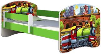 ACMA Kinderbett Jugendbett mit Einer Schublade und Matratze Grün mit Rausfallschutz Lattenrost II 140x70 160x80 180x80 (44 Lokomotive, 160x80)