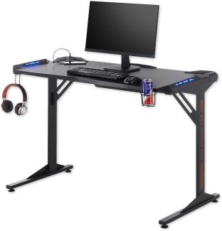 Stella Trading BC 3110 Gaming Tisch in Schwarz, Carbon-Optik - Gaming Schreibtisch mit LED-Beleuchtung, USB-Anschlüssen & Getränkehalterung - 119 x 78 x 60 cm (B/H/T)