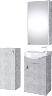 Planetmöbel Badset komplett aus Unterschrank 40cm mit Waschbecken, Spiegelschrank und 1x Midischrank in Beton, Komplettset für Badezimmer 4-teilig