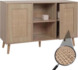 Sideboard HWC-M42, Schrank Kommode Highboard, Staufächer, Kubu Rattan Holz Melamin, Eiche-Optik