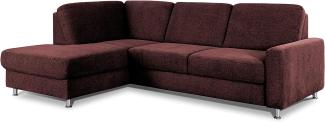 CAVADORE Ecksofa Clint / L-Form Sofa mit Federkern und Ottomane links / Soft Clean: Leichte Fleckenentfernung / 246 x 86 x 165 / Flachgewebe: Weinrot