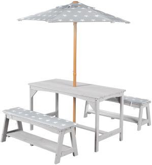 roba 'Outdoor +' Sitzgruppe aus 2 Bänken und 1 Tisch inkl. Sitzkissen 'Little Stars' und Schirm, Massivholz grau, 106,5 x 57,5 x 48 cm