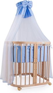 Waldin® Babybett aus Holz 7in1 mit Matratze, mitwachsendes Kinder-Bett, belüftet, Boden 5-fach verstellbar, All-Inclusive-Set Holz natur, Stoffe blau