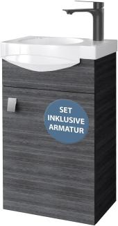 Planetmöbel Waschtischunterschrank 40 cm in Anthrazit mit Waschbecken & Armatur in Schwarz matt, Badezimmmer Möbel für Gäste WC