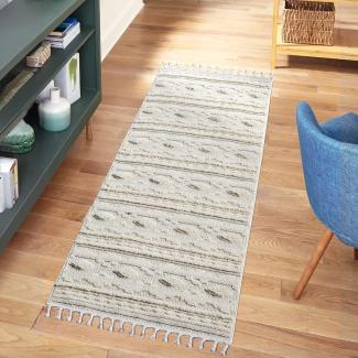 carpet city Teppich Läufer Boho Flur - Creme - 80x300 cm - Geo-Muster - Relief-Optik, 3D-Effekt - Cut-&Loop, Sisal - Moderne Fransen-Teppiche Schlafzimmer