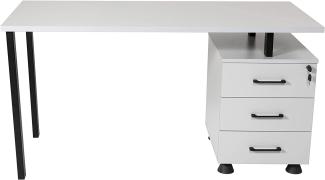 Furni24 Home Office Schreibtisch - Computertisch aus laminiertem Holz, rechts und links montierbarer Unterschrank, abschließbare Schubladen, P Homeoffice 140x59x76 Grau