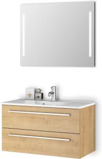 Sieper I Waschtisch mit Unterschrank 90 x 50 cm und Spiegel mit Beleuchtung, Badmöbel Set Libato I Eiche Natur