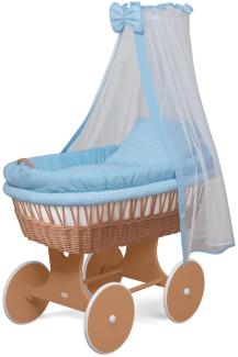 WALDIN Baby Stubenwagen-Set mit Ausstattung, Gestell/Räder natur lackiert, Ausstattung blau kariert