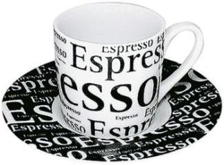 Könitz Schrift auf Weiß Espresso Set, 2-tlg, Espresso Tasse, Becher, Untertasse, Porzellan, Weiß - Schwarz, 85 ml, 11 5 053 0307