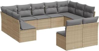 vidaXL 11-tlg. Garten-Sofagarnitur mit Kissen Beige Poly Rattan