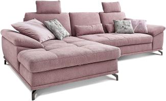 Cavadore L-Form-Sofa Castiel mit Federkern / Große Eckcouch mit Sitztiefenverstellung, Kopfstützen und XL-Longchair / 312 x 114 x 173 / Webstoff, Flieder-Rosa