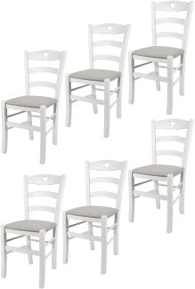 t m c s Tommychairs - 6er Set Stühle Cuore für Küche und Esszimmer, Robuste Struktur aus Buchenholz, deckend Weiss lackiert und gepolsterte Sitzfläche mit Stoff in der Farbe Perlgrau bezogen