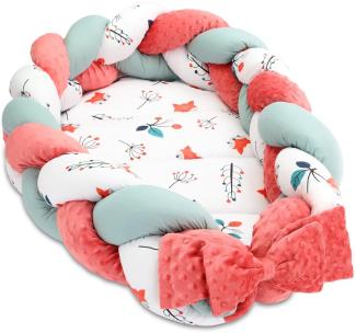 Babynest Neugeborene Nestchen Baby – Minky Kuschelnest mit Zopf Kissen zerlegbares Set zweiseitig Babynestchen Babybett 75x45 cm, Fuchs