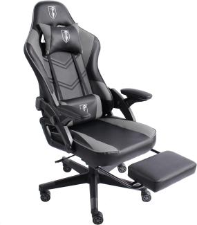 Gaming Stuhl im modernen Racing-Design mit ausziehbarer Fußstütze Gaming Chair mit verstellbaren Design Armlehnen ergonomischer Schreibtischstuhl mit extra Stützkissen Schwarz/Grau
