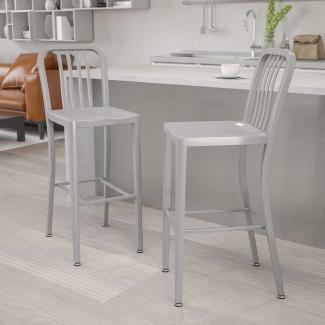Flash Furniture Barhocker mit Rückenlehne – Metall-Barstuhl für Innen- und Außenbereich – Tresenstuhl ideal für die gewerbliche Nutzung – 2er Set – Silber