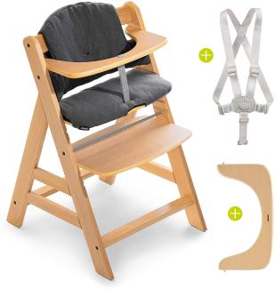 Hauck Hochstuhl Alpha Plus - Mitwachsender Holz Kinderhochstuhl/Treppenhochstuhl mit Gurt, Schutzbügel und Sitzkissen Charcoal (Natur)