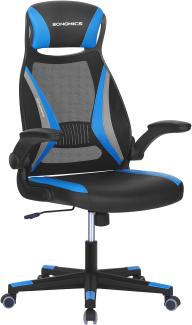 SONGMICS Bürostuhl mit Netzbespannung, Stuhl mit Kopfstütze und Armlehne, höhenverstellbar, um 360° drehbar, mit Wippfunktion, bis 130 kg belastbar, ergonomisch, schwarz-blau-dunkelgrau OBN086B02
